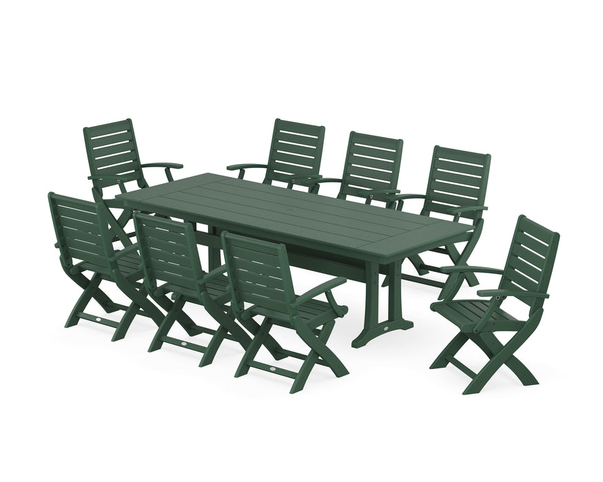 POLYWOOD Signature Folding 9-Piece Farmhouse Trestle Dining Set with Trestle Legs in Green