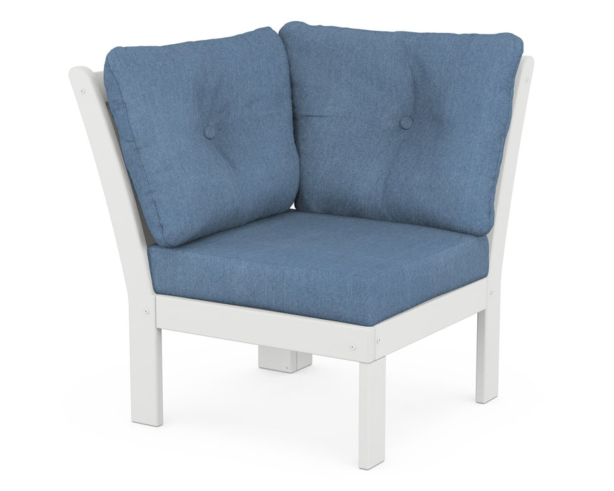POLYWOOD Vineyard Modular Corner Chair in White with Sky Blue fabric