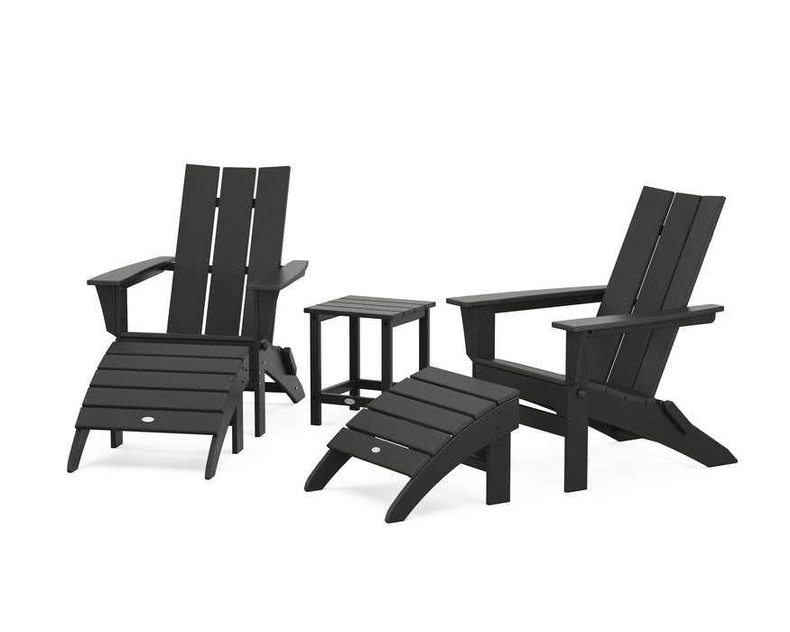 POLYWOOD Modern Folding Adirondack Chair 5-Piece Set with Ottomans and 18" Side Table in Black