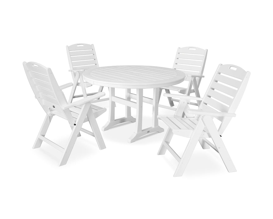 POLYWOOD® 5-Piece Nautical Highback Chair Round Dining Set with Trestle Legs in White