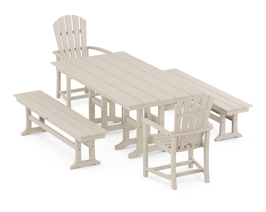 POLYWOOD® Palm Coast 5-Piece Farmhouse Dining Set with Benches in Sand