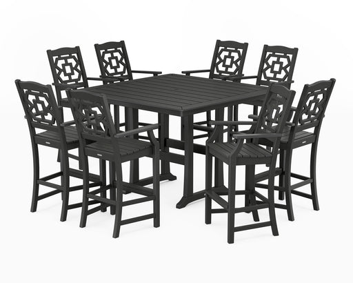 Martha Stewart by POLYWOOD Chinoiserie 9-Piece Square Bar Set with Trestle Legs in Black
