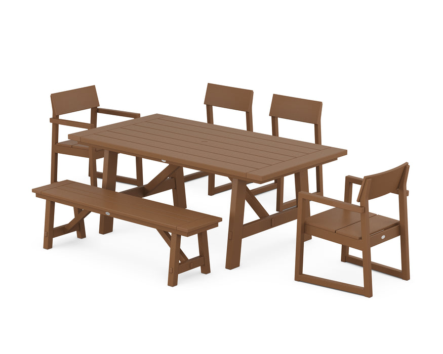 POLYWOOD EDGE 6-Piece Rustic Farmhouse Dining Set with Bench in Teak