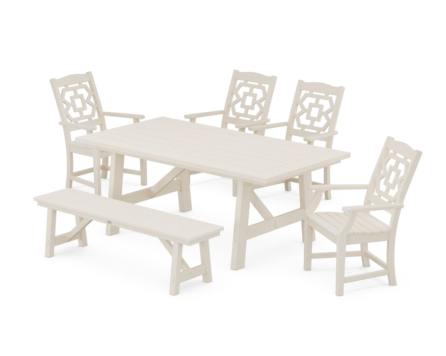 Martha Stewart by POLYWOOD Chinoiserie 6-Piece Rustic Farmhouse Dining Set with Bench in Sand