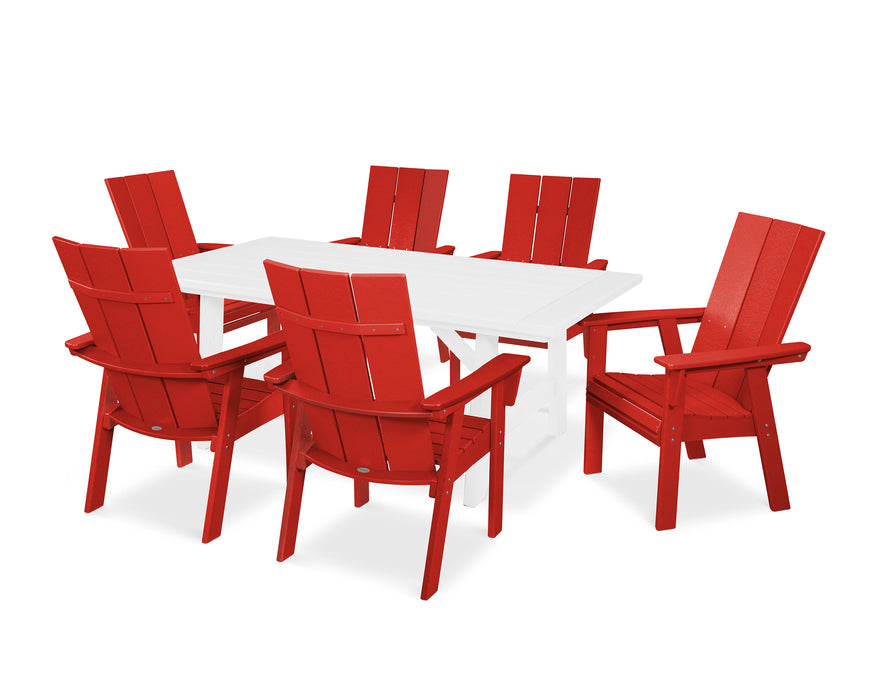 POLYWOOD Modern Curveback Adirondack 7-Piece Rustic Farmhouse Dining Set in Sunset Red / White