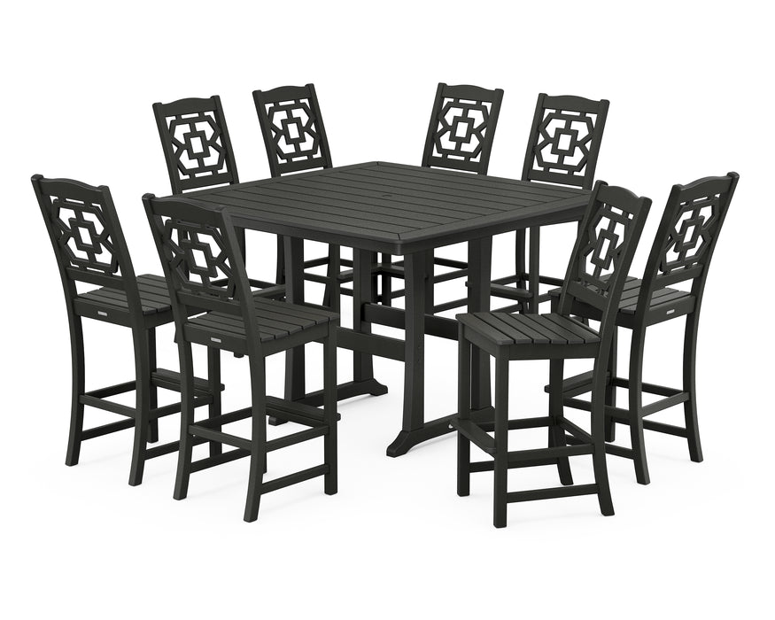Martha Stewart by POLYWOOD Chinoiserie 9-Piece Square Side Chair Bar Set with Trestle Legs in Black