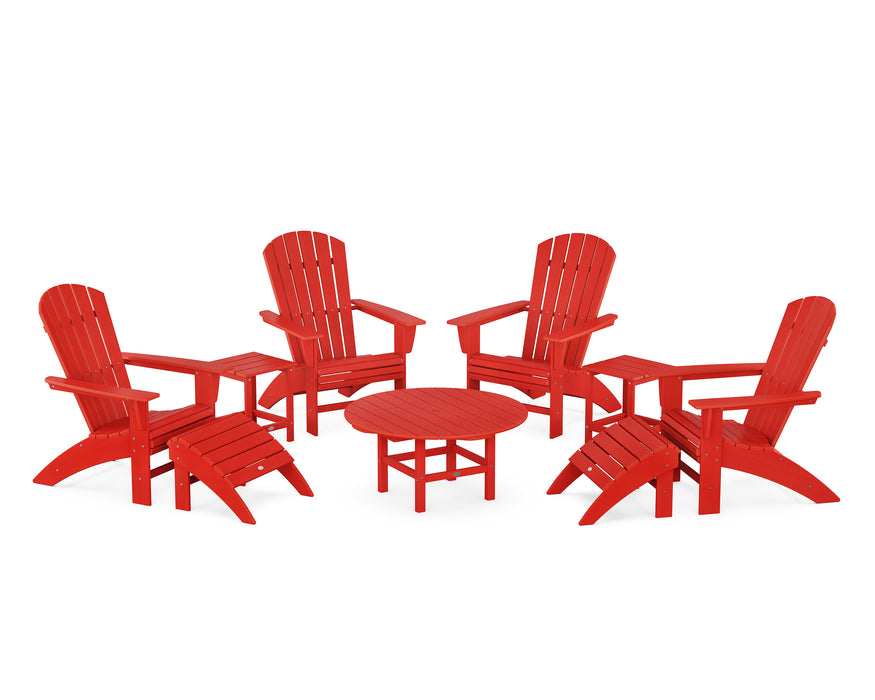 POLYWOOD Nautical Curveback Adirondack Chair 9-Piece Conversation Set in Sunset Red