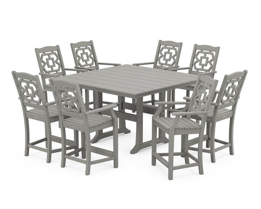Martha Stewart by POLYWOOD Chinoiserie 9-Piece Square Farmhouse Counter Set with Trestle Legs in Slate Grey