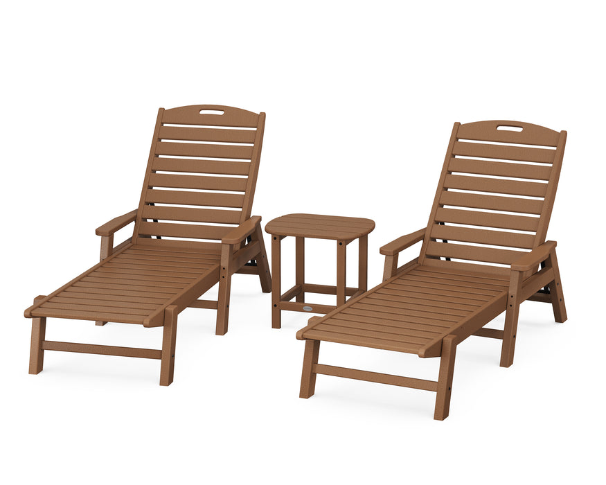 POLYWOOD Nautical 3-Piece Chaise Lounge with Arms Set with South Beach 18" Side Table in Teak