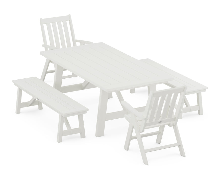 POLYWOOD Vineyard Folding 5-Piece Rustic Farmhouse Dining Set With Trestle Legs in Vintage White