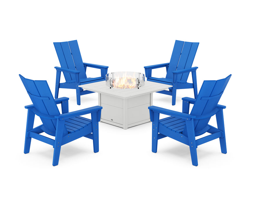 POLYWOOD® 5-Piece Modern Grand Upright Adirondack Conversation Set with Fire Pit Table in Pacific Blue / White