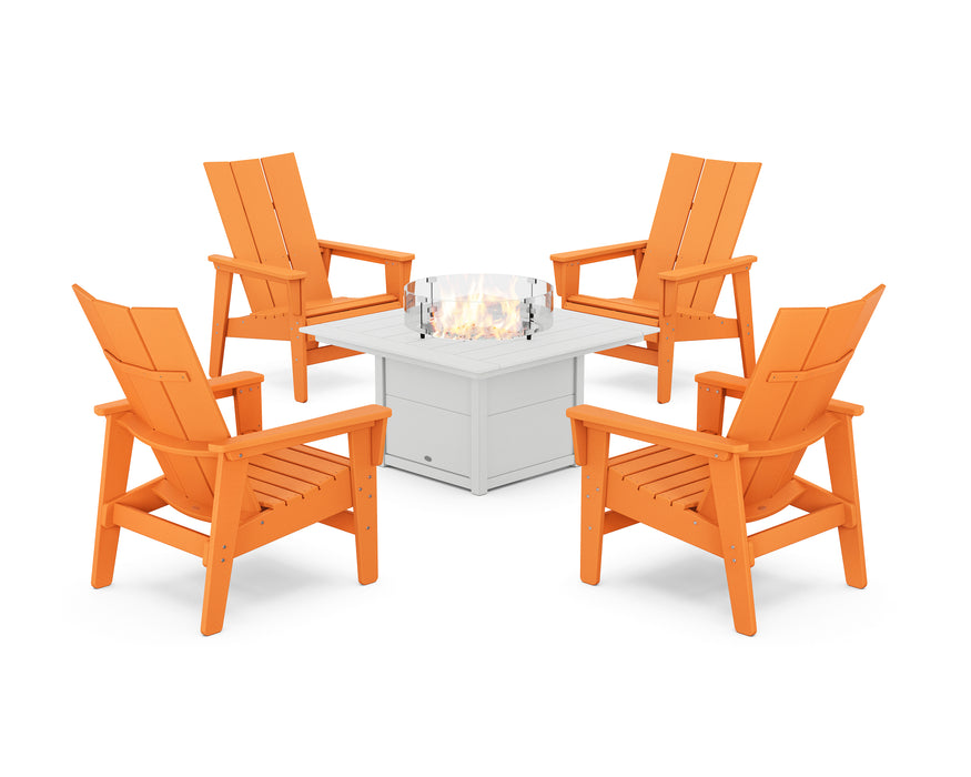 POLYWOOD® 5-Piece Modern Grand Upright Adirondack Conversation Set with Fire Pit Table in Tangerine / White