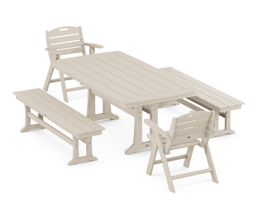POLYWOOD Nautical Lowback Chair 5-Piece Dining Set with Trestle Legs and Benches in Sand