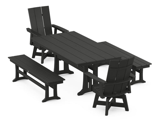POLYWOOD Modern Curveback Adirondack Swivel Chair 5-Piece Farmhouse Dining Set With Trestle Legs and Benches in Black