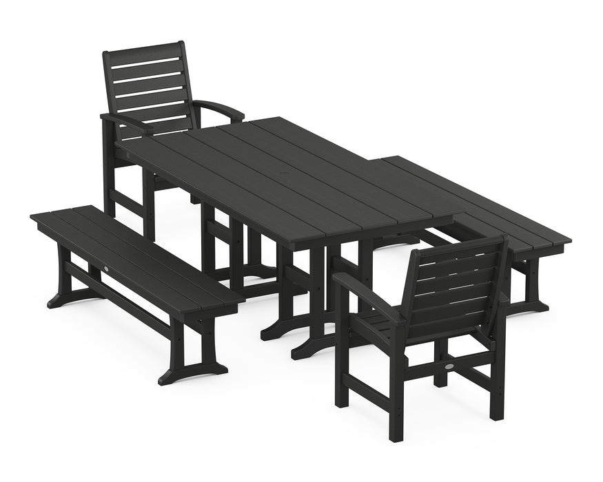 POLYWOOD Signature 5-Piece Farmhouse Dining Set with Benches in Black