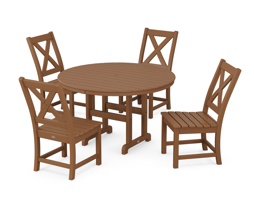 POLYWOOD Braxton Side Chair 5-Piece Round Dining Set in Teak
