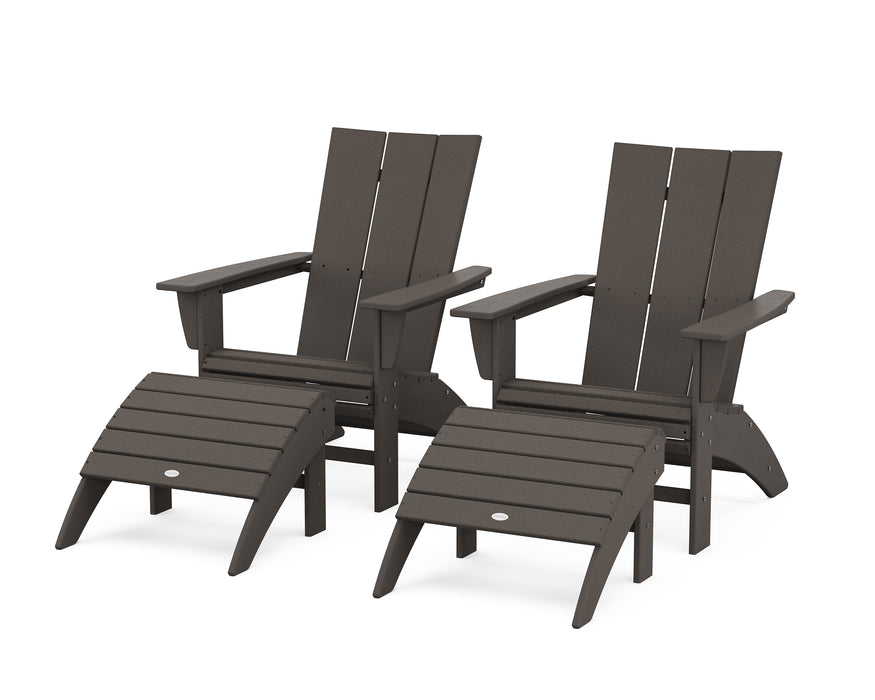 POLYWOOD Modern Curveback Adirondack Chair 4-Piece Set with Ottomans in Vintage Coffee