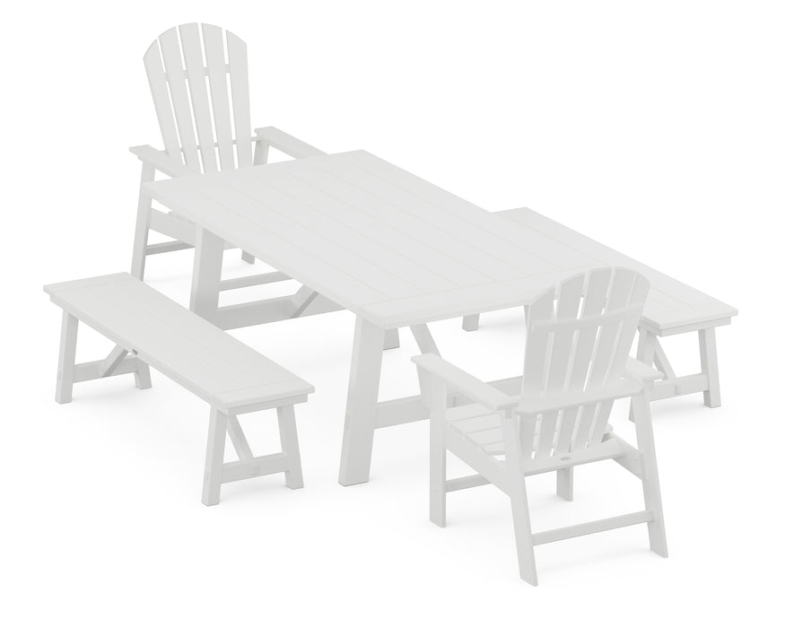 POLYWOOD South Beach 5-Piece Rustic Farmhouse Dining Set With Benches in White