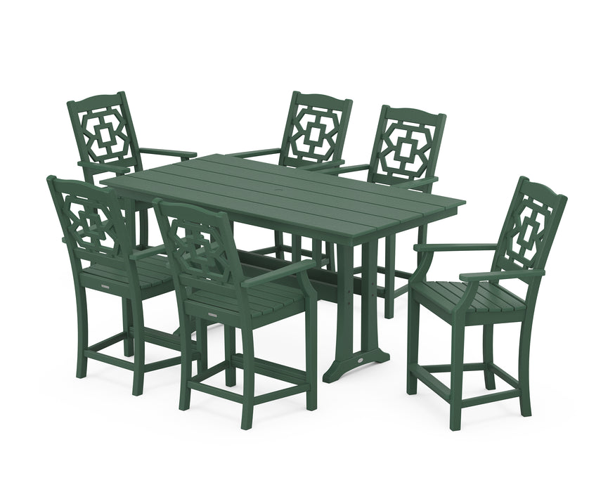 Martha Stewart by POLYWOOD Chinoiserie Arm Chair 7-Piece Farmhouse Counter Set with Trestle Legs in Green