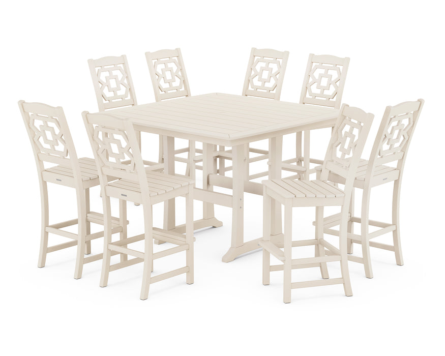 Martha Stewart by POLYWOOD Chinoiserie 9-Piece Square Side Chair Bar Set with Trestle Legs in Sand