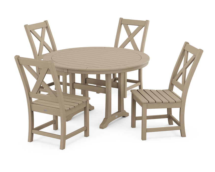 POLYWOOD Braxton Side Chair 5-Piece Round Dining Set With Trestle Legs in Vintage Sahara