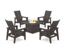 POLYWOOD® 5-Piece Modern Grand Upright Adirondack Conversation Set with Fire Pit Table in Vintage Coffee
