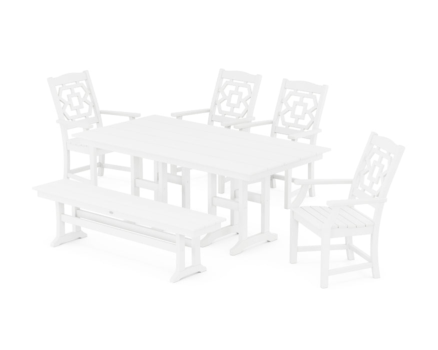 Martha Stewart by POLYWOOD Chinoiserie 6-Piece Farmhouse Dining Set with Bench in White