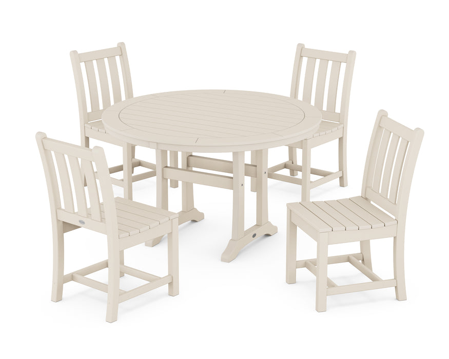 POLYWOOD Traditional Garden Side Chair 5-Piece Round Dining Set With Trestle Legs in Sand