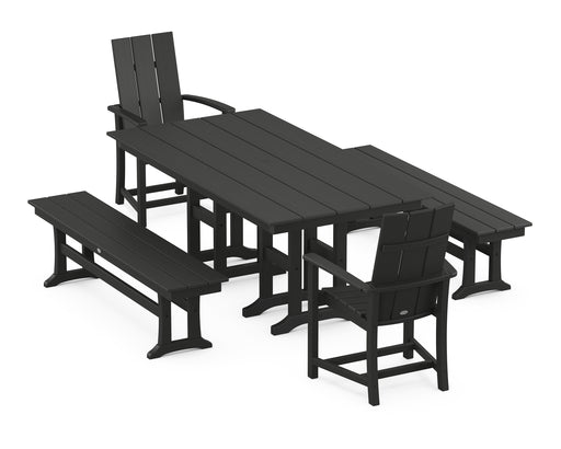 POLYWOOD Modern Adirondack 5-Piece Farmhouse Dining Set with Benches in Black