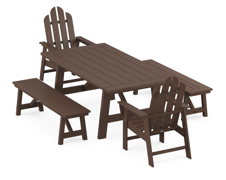 POLYWOOD Long Island 5-Piece Rustic Farmhouse Dining Set With Trestle Legs in Mahogany