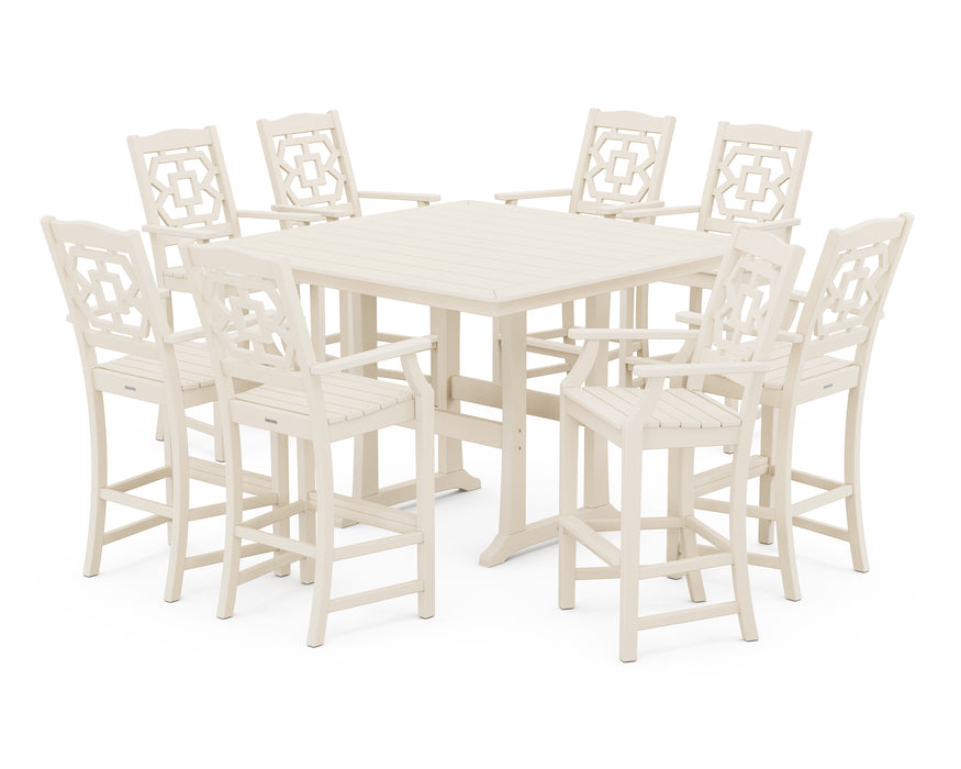 Martha Stewart by POLYWOOD Chinoiserie 9-Piece Square Bar Set with Trestle Legs in Sand