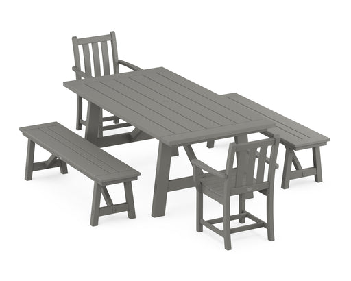 POLYWOOD Traditional Garden 5-Piece Rustic Farmhouse Dining Set With Benches in Slate Grey