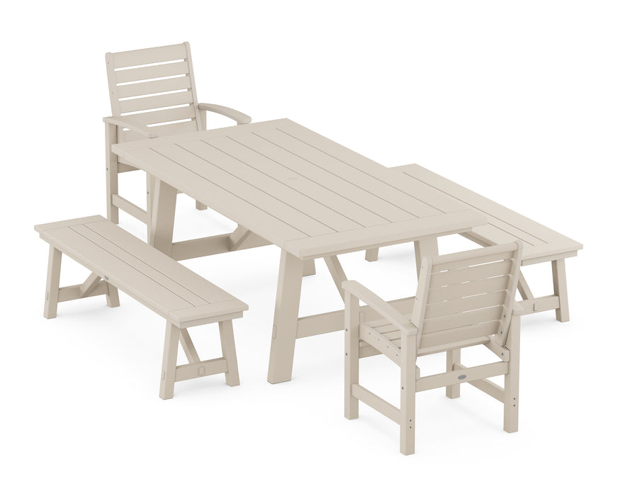 POLYWOOD Signature 5-Piece Rustic Farmhouse Dining Set With Benches in Sand