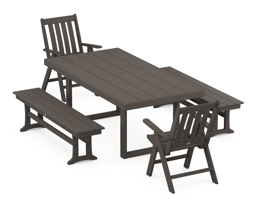 POLYWOOD Vineyard Folding 5-Piece Dining Set with Trestle Legs in Vintage Coffee