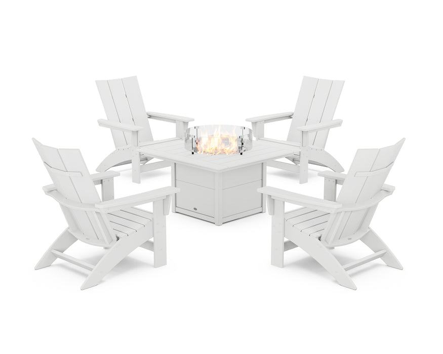 POLYWOOD® 5-Piece Modern Grand Adirondack Conversation Set with Fire Pit Table in White