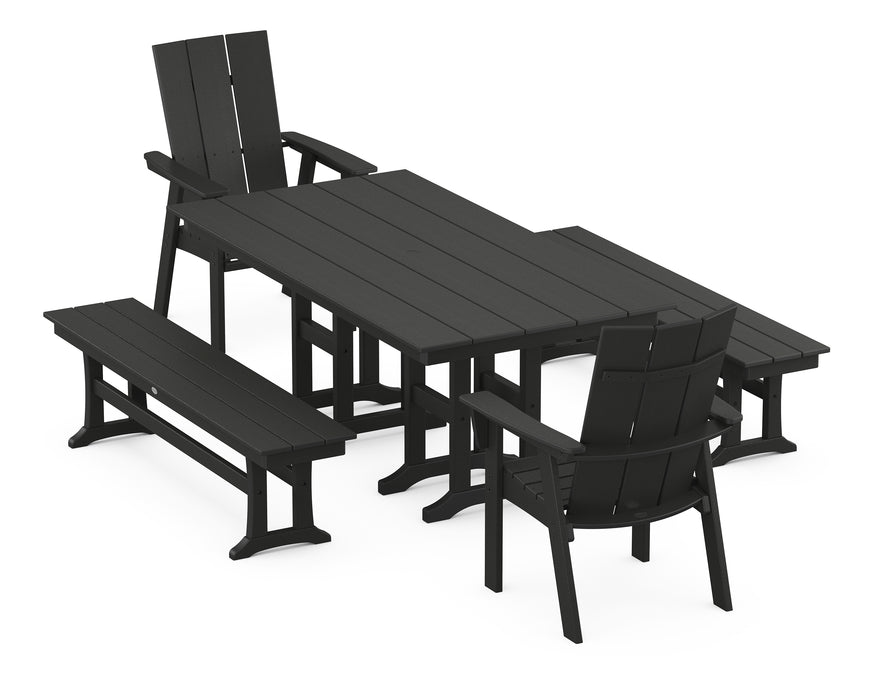POLYWOOD Modern Curveback Adirondack 5-Piece Farmhouse Dining Set with Benches in Black