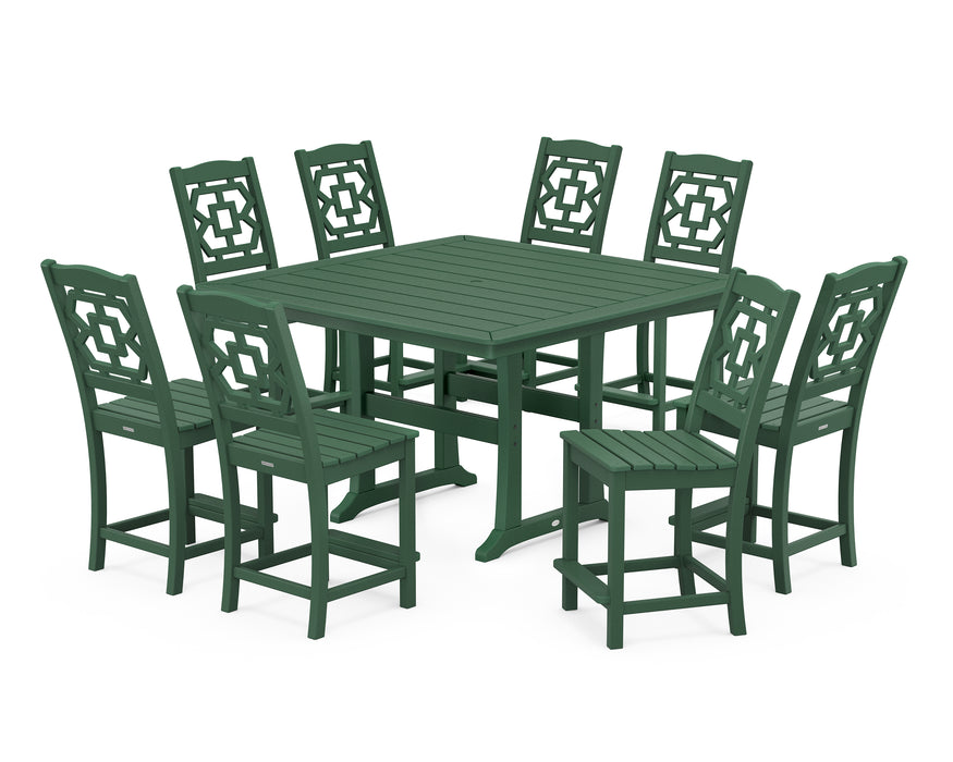 Martha Stewart by POLYWOOD Chinoiserie 9-Piece Square Side Chair Counter Set with Trestle Legs in Green