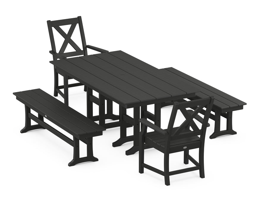 POLYWOOD Braxton 5-Piece Farmhouse Dining Set with Benches in Black