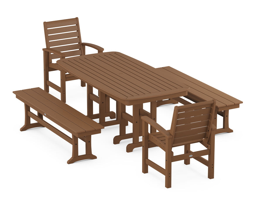 POLYWOOD Signature 5-Piece Dining Set with Benches in Teak