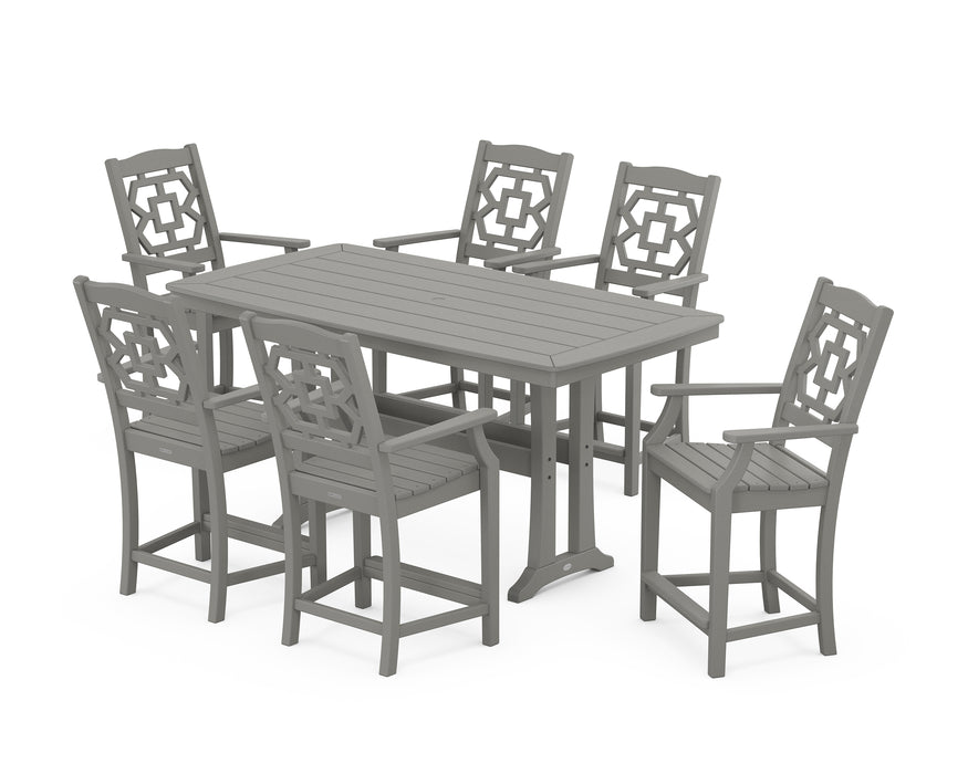 Martha Stewart by POLYWOOD Chinoiserie Arm Chair 7-Piece Counter Set with Trestle Legs in Slate Grey