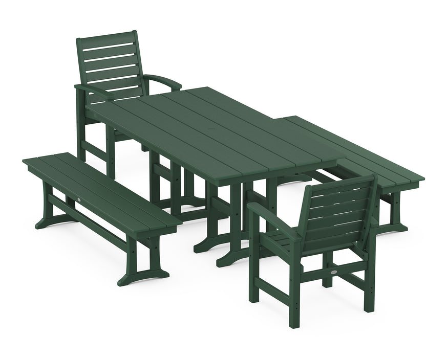 POLYWOOD Signature 5-Piece Farmhouse Dining Set with Benches in Green