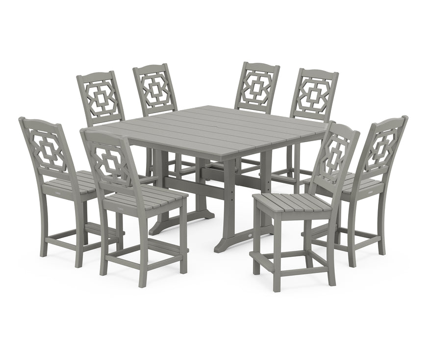 Martha Stewart by POLYWOOD Chinoiserie 9-Piece Square Farmhouse Side Chair Counter Set with Trestle Legs in Slate Grey