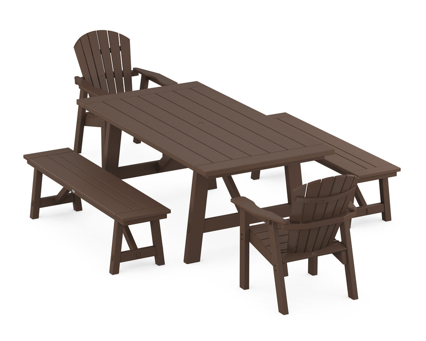 POLYWOOD Seashell 5-Piece Rustic Farmhouse Dining Set With Benches in Mahogany