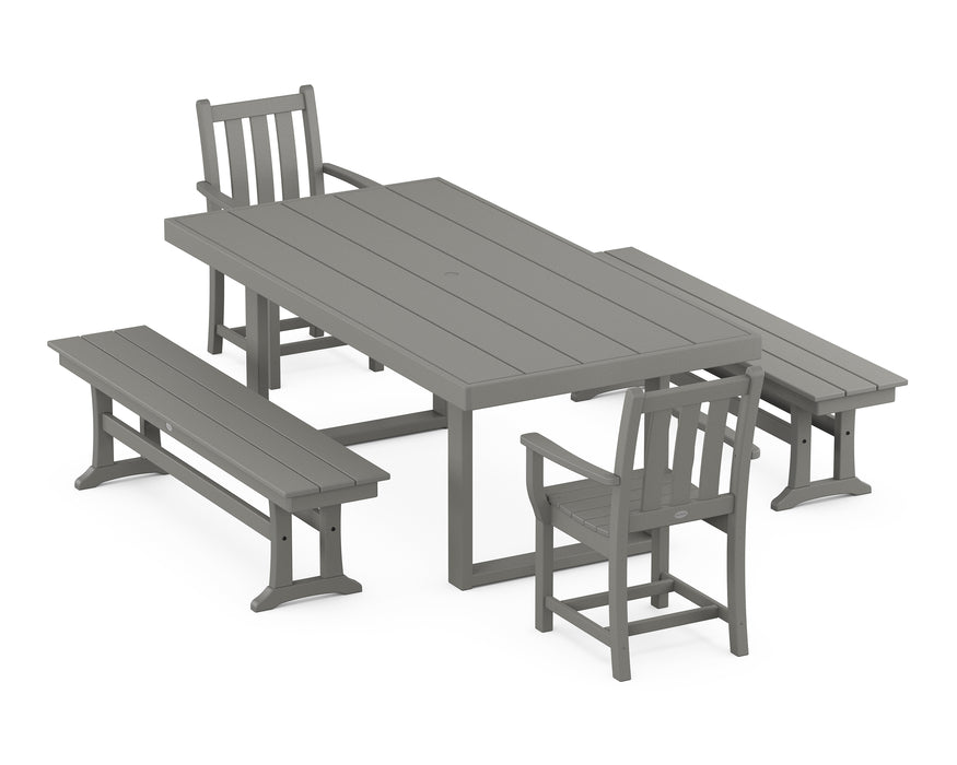 POLYWOOD Traditional Garden 5-Piece Dining Set with Benches in Slate Grey
