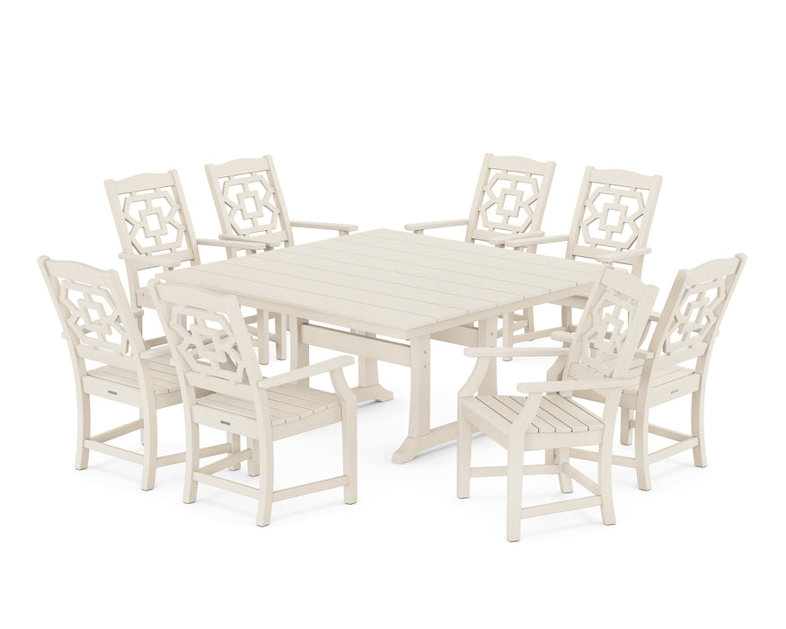 Martha Stewart by POLYWOOD Chinoiserie 9-Piece Square Farmhouse Dining Set with Trestle Legs in Sand