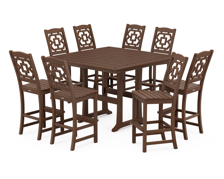 Martha Stewart by POLYWOOD Chinoiserie 9-Piece Square Side Chair Bar Set with Trestle Legs in Mahogany