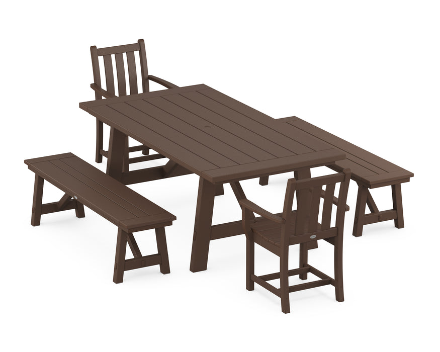 POLYWOOD Traditional Garden 5-Piece Rustic Farmhouse Dining Set With Benches in Mahogany