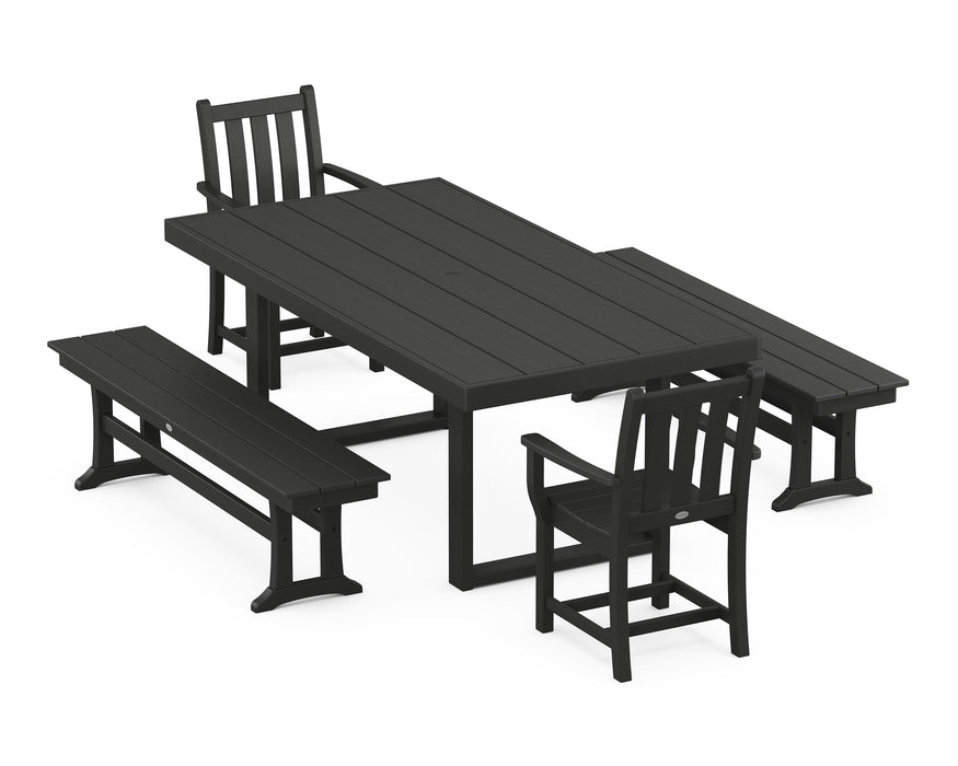 POLYWOOD Traditional Garden 5-Piece Dining Set with Benches in Black
