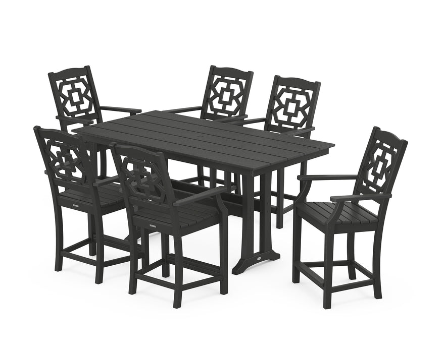 Martha Stewart by POLYWOOD Chinoiserie Arm Chair 7-Piece Farmhouse Counter Set with Trestle Legs in Black