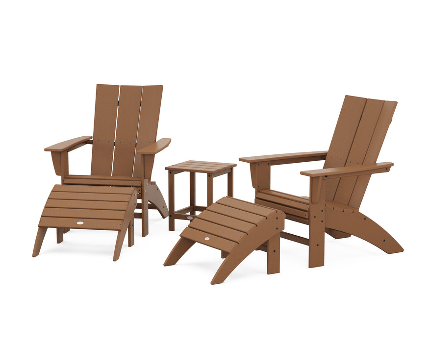 POLYWOOD Modern Curveback Adirondack Chair 5-Piece Set with Ottomans and 18" Side Table in Teak